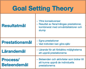 GST, Goal Setting Theory fokuserar på Outputs, i motsats till OKR. Outputs delas upp i Prestationsmål - vad ska jag, som individ, uppnå för att bidra till resultatet, Lärandemål (Kompetensmål) hur behöver jag förbättra min kompetens för att kunna uppnå prestationen? och Process/Beteendemål - vad behöver jag göra i vardagen, vilka aktiviteter behöver jag göra för att prestera mot mina mål?